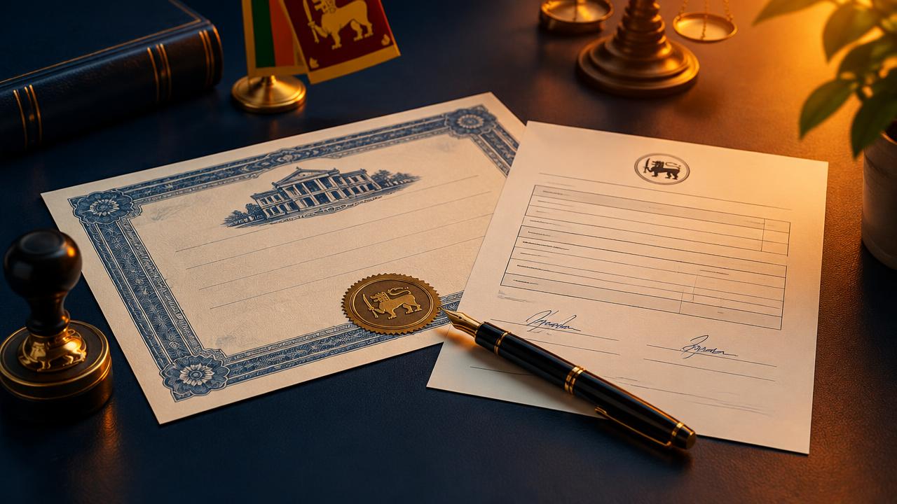 Signed share transfer form and share certificate on a desk with a company seal